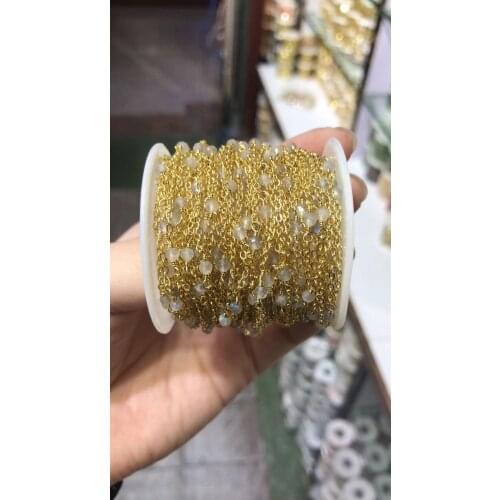 3M/packs Copper semiprecious stone jewelry making chain, white crystal gold plated flat gems beads connector findings