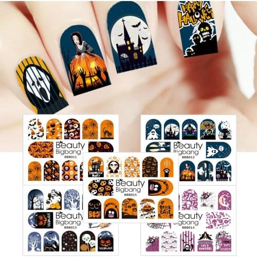 BEAUTYBIGBANG 1 Pcs Halloween Skull Flower Pumpkin Wizard Manicure Series Water Nail Stickers Decals Manicure Stickers