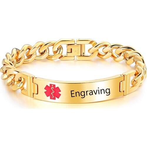 Free Engraving Medical Alert Bracelet for Men Bangle Stainless Steel Chain Emergency Male Jewelry