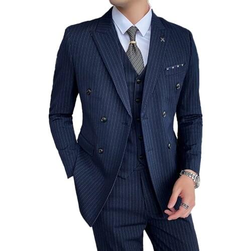 Blazer + Vest + Pants ) Mens Fashion Boutique Striped Casual Business Suit High-end Brand Formal Groom Wedding Dress Tuxedo
