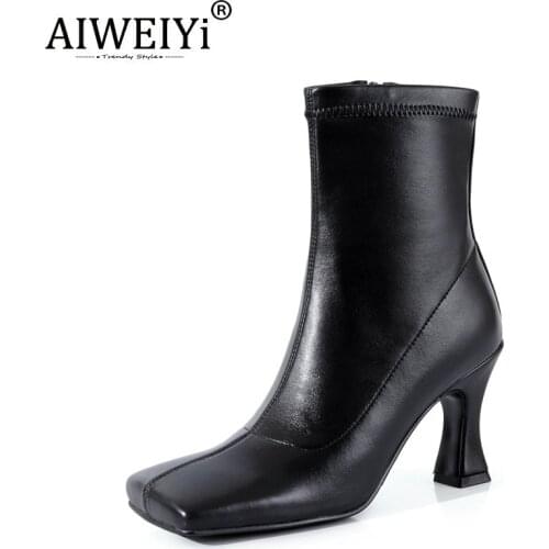 AIWEIYi Square Toe High Heel Boots New Womens Stretch Boots Black Ankle Boots Soft Leather Stiletto Boots Short Boots