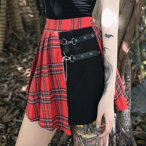 Black Red Plaid Goth Women Irregular Pleated Skirts 2020 Lady Dark Lolita Empire Patchwork Buckle Gothic Punk Hipster Miniskirt