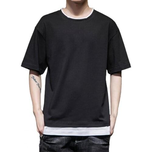 Men T-shirt Fake Two Piece Solid Summer Short Sleeve Round Neck Top Loose Casual shirt Male Streetwear Hip-Hop Tops Oversized