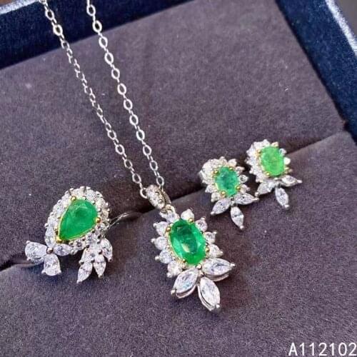 KJJEAXCMY fine Jewelry 925 sterling silver inlaid natural Emerald girl popular pendant ring earring set support test hot selling