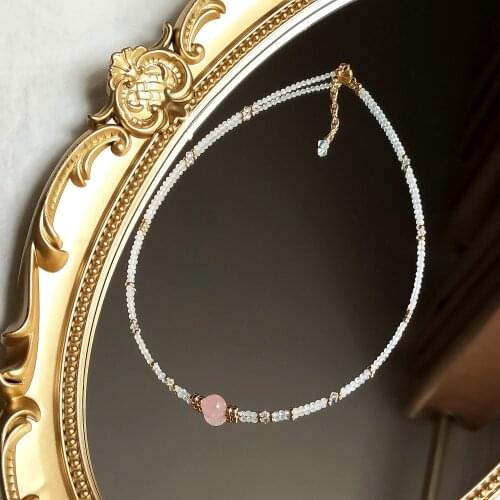 Lii Ji Natural Rose Quartz Moonstone Austria Cyrstal Choker 14K Gold Filled Handmade Adjustable Necklace 38+3cm