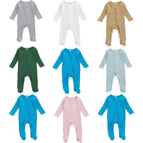 Infant Baby Girls Boys Children Solid Ribbed Footies Striped Cotton Crew Neck Long Sleeve Newborn Zipper Foot Wrap Jumpsuit