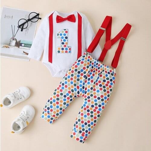 The First Birthday Set Fashion Baby Boys Romper Tops suspenders Pants 2Pcs Spring Autumn Clothing Outfits