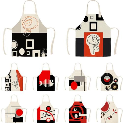 Red BlacK Round Geometric Pattern Kitchen Apron for Women Cotton Linen Cleaning Pinafore Home Cooking Aprons WQTX08