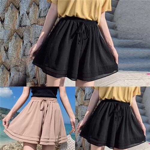 Plus Size Summer Women Chiffon Shorts Loose Boho Solid High Waist Casual Shorts Black Pink Shorts