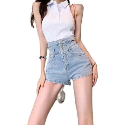 2021 Summer Korean New Womens Sexy Slim High Waist Side Waist Hollowed Out Denim Shorts Button Fly Micro Shorts