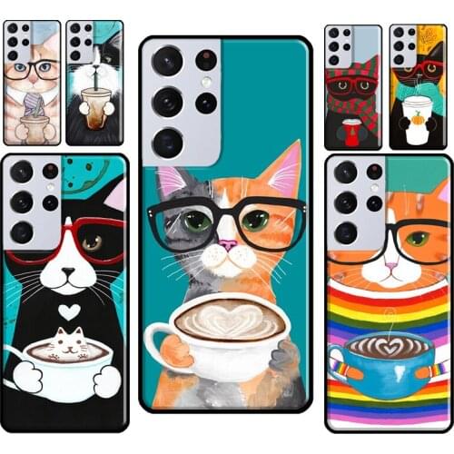 Cute Coffee Milk Cat Case For Samsung Galaxy S21 Ultra Note 20 S20 FE S8 S9 S10 Note 10 Plus S10e Phone Cover