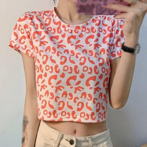 EFINNY Fashion Slim Tie-dye Top for Women Summer Korean Short-sleeved Leisure Leopard Print Short T-shirt Casual Tops