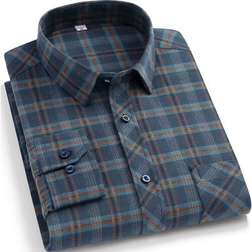 Mens Fashion 100% Cotton Brushed Plaid Shirts Single Pocket Long Sleeve Autumn Regular-fit Soft Casual Checkered Social Shirt