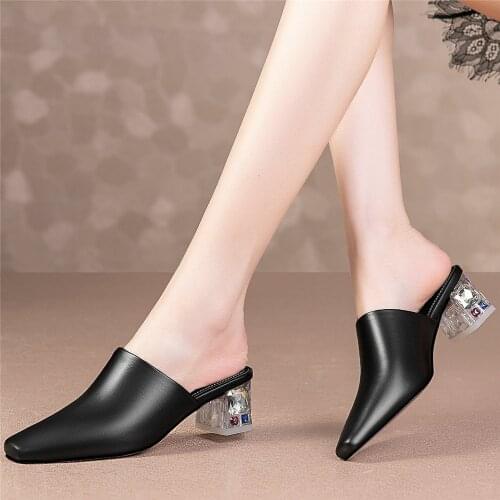Women Genuine Leather Square Toe Slippers Female Wedding Party Chunky Heels Mules Summer Pumps Gladiator Sandals Casual Shoes