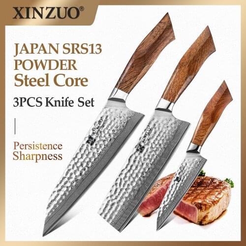 XINZUO 3PCS Knife Set Japan SRS13/R2/SG2 Damascus Powder Steel Core Chef Knife Utility Cleaver Nakiri Knife Razor Sharp Cutter
