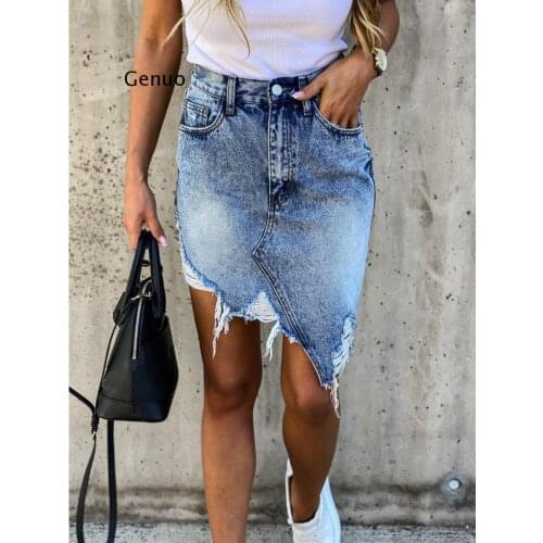 New Woman Trendy Retro Washed Irregular Denim Skirt Female Summer High Waist Denim Skirts Elastic Bodycon Hip Jeans