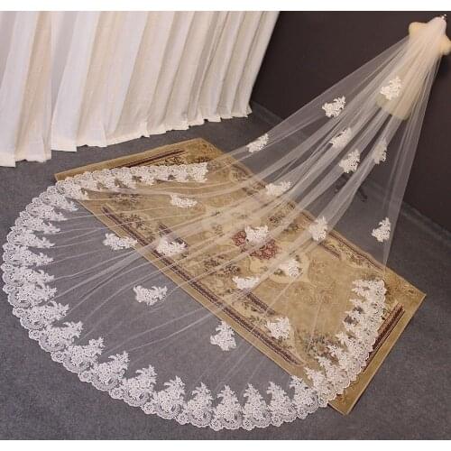 New Long Wedding Veil with Comb Luxury Lace 4 Meters Bridal Veil High Quality One Layer White Ivory Veil Wedding Accessories