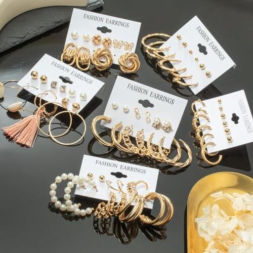 NEW Fashion Pearl Hoop Earrings Set for Women Geometric Gold Metal Punk Dangle Drop Earrings Brincos 2021 Trend Earrings Jewelry