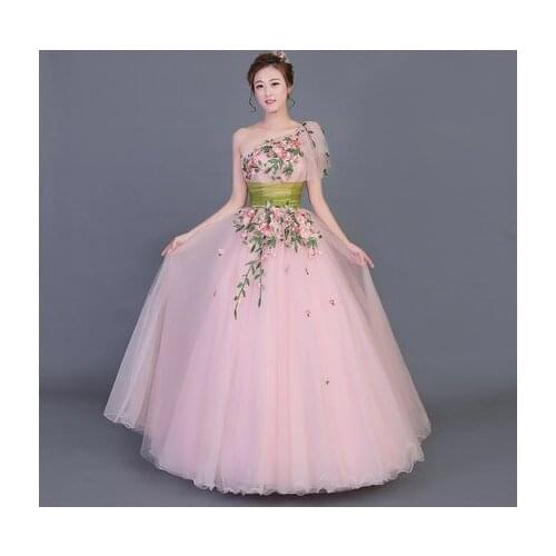 Pink single shoulder flower leaf vine embroidery ball gown drama stage Gown Costume Victoria Marie Antoinette Belle opera