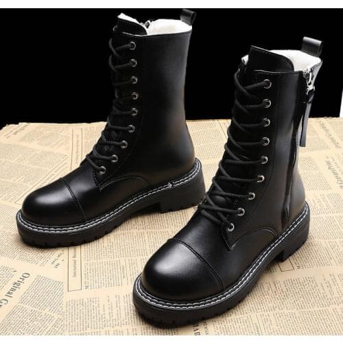 High Quality Pu Leather Women Mid-calf Boots Rubber Fashion Waterproof Ladies Platform Boots Solid New Arrival Women Flat Boots