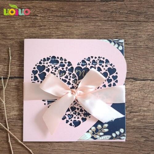 DIY customzied inc41 Laser Cut light pink heart Wedding invitations Card ,tied pink bow,print insert,envelope