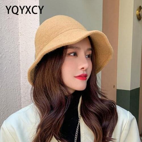 YQYXCY Hat Winter Womens Autumn Bucket Hat With Bow Wool Fisherman Cap Female Korean Vintage Solid Color Gorro Bob Casual