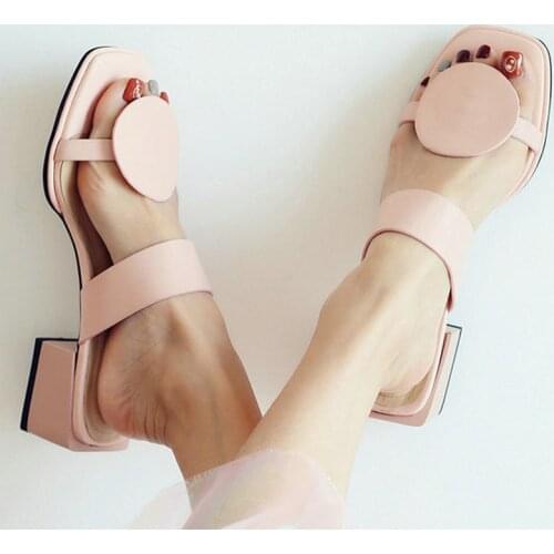 New women slippers genuine leather 4.2cm square heels slipper open toe women sandals pink blue ladies casual shoes woman 32-48