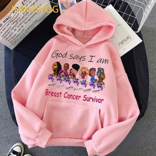 God says i am breast cancer survivor 90s melanin queen print black girl magic hoodie pink hoody winter fleece streetwear clothes