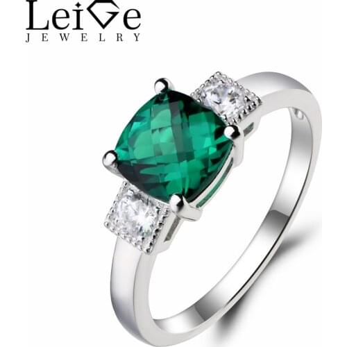 Leige Jewelry Anniversary Ring Lab Emerald Ring Cushion Cut Green Gemstone 925 Sterling Silver May Birthstone Presents for Women