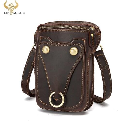 Vintage Crazy Horse Leather Multi-function Hook Satchel Messenger Bag Cigarette Case 6" Phone Pouch Fanny Waist Belt Bag 2053