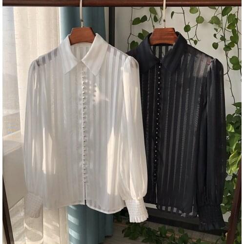 Women White/Black Contrast Stripe Multi Buttoned Micro-transparent Blouse Shirt - Ladies Long Sleeve Lapel Top