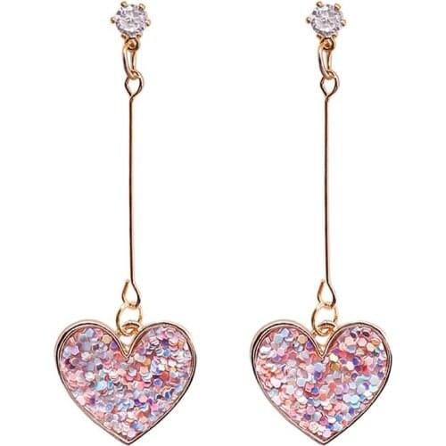 2021 Sweet zircon heart long earrings femal Crystal from Swarovskis Small fresh pink sequins love 925 silver needle For Women