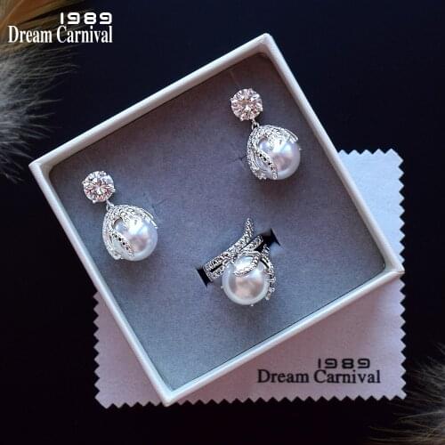 DreamCarnival1989 New Dazzling Wedding Jewelry Set for Women Elegant Earrings + Rings Lovely White Pearl Dangle Earings ER4030S2