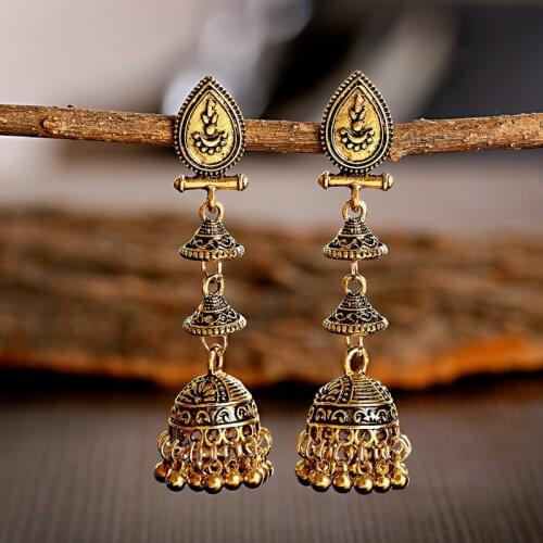 Ethnic Womens Gold Round Bell Dangle Indian Earrings Fashion Boho Wedding Jhumka Ladies Earrings Hangers