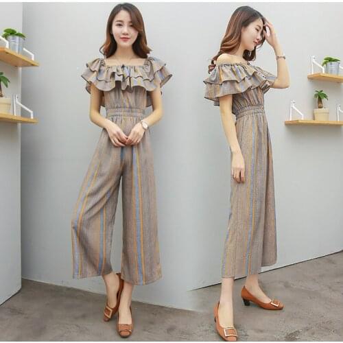 High Quality Summer Korean Fashion Playsuit Ruffle Retro Print Strapless High Waisted Wide-Leg Jumpsuit Romper Overalls Y294