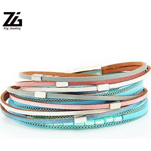 Women Leather Bracelet 2019 Ladies Bohemian Round Metal Charm Multilayer Wide Wrap Bracelet Female Femme Jewelry