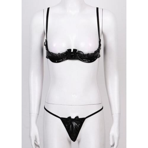 Womens Leather Lingerie Exotic Sets Ladies Sexy Cocktail Party Micro Lace Trimmed Underwired Bra Tops with Bowknot T-Back Briefs