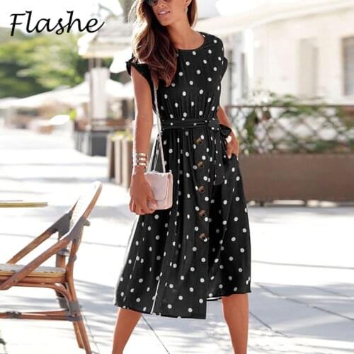 Summer Polka Dots Print Dress Women Short Sleeve Bohemia Dresses For Women High Waist Pocket Button Party Dress With Belt