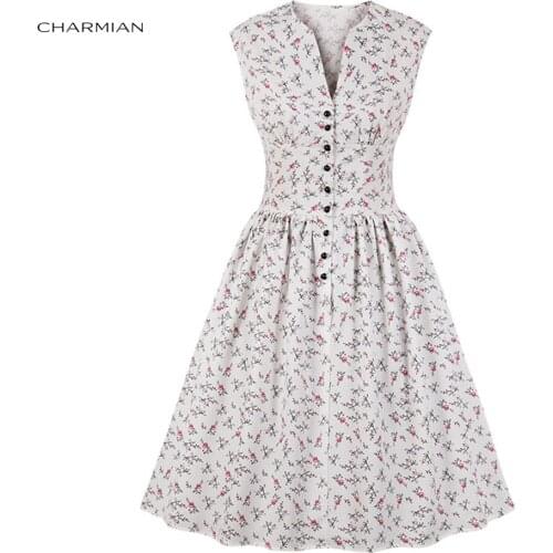 Charmian Womens Vintage White Floral Print V Neck Sleeveless High Waist Swing Dress