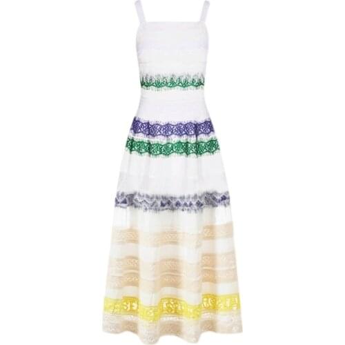 French style summer vintage spaghetti strap long dress women sleeveless high waist stitching big swing beach dress