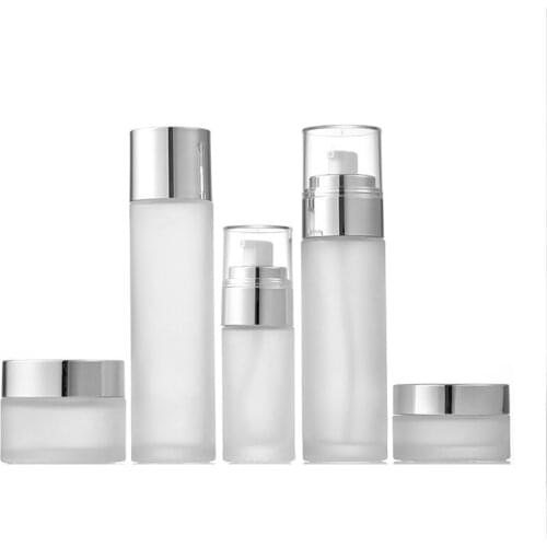 100ml 120ml Empty Frosted Glass Emulsion Packaging Toner Bottle Gold Silver Lotion Pump Clear Lid 50G 30G Cosmetic Cream Jar8pcs