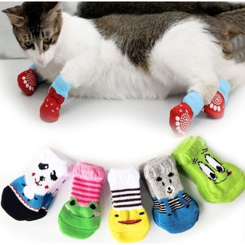 4pcs Warm Puppy Dog Socks Soft Cat Knits Socks Cute Cartoon Anti Slip Socks Puppy Dog Shoes for Small Medium Dogs Pet Products