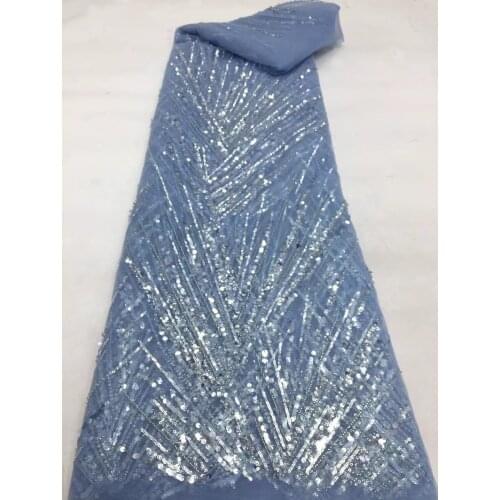 5yards/pc) High quality embroidered tube beads sequins tulle lace fabric sky blue African French net lace for wedding FZX123