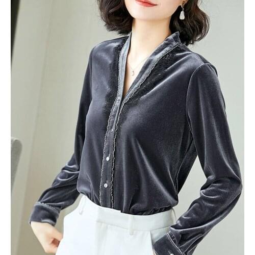 Spring Fall Women Female V Neck Lace Patchwork Long Sleeve Grey Velour Top Blouse , Velvet Shirts Blouses Tops for Woman