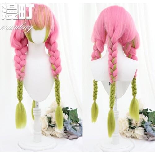 Demon Slayer Kimetsu No Yaiba Kanroji Mitsuri Pink Green Braided Cosplay Synthetic Hair Halloween Party Carnival