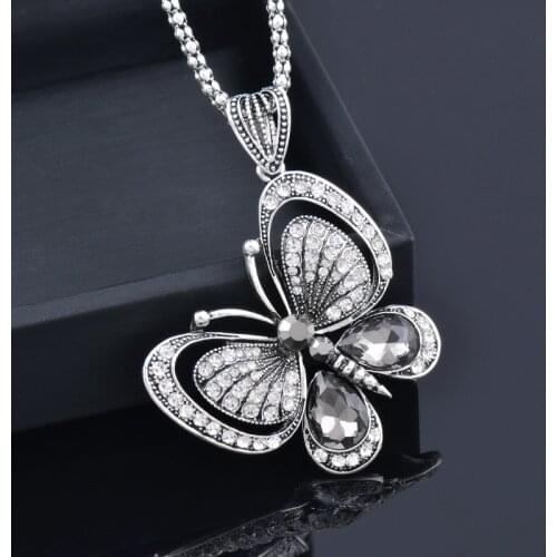 KIOOZOL Vintage Silver Color Butterfly Pendant Long Necklace CZ Stone Necklace For Women Party Jewelry Gift 124 KO2
