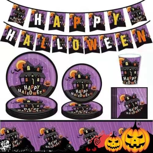 Halloween Party Tableware Set Tablecloth Witch Pumpkin Bat Disposable Dinnerware for Halloween Party Supplies