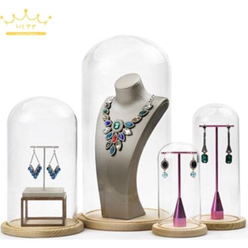 Jewelry Prop Window Display Rack Decoration Transparent Dust-proof Glass Cover Solid Wood Base Jewelry Shop Dedicated