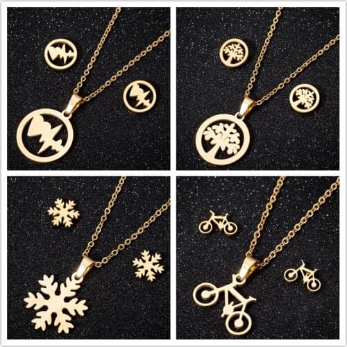 Oly2u 4 Sets/lot Punk Gold Heartbeat Necklaces for Women Lovers Stainless Steel Vintage Tree Jewelry Sets Bijoux Femme