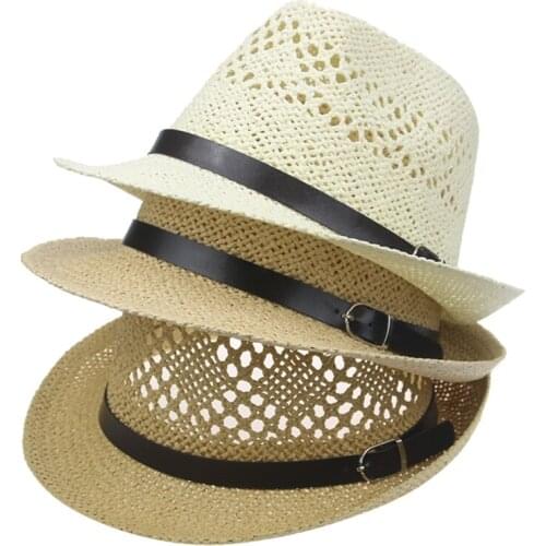 Panama men hats solid white black belt summer hats mesh outdoor sun protection casual men caps western cowboy summer panamas hat